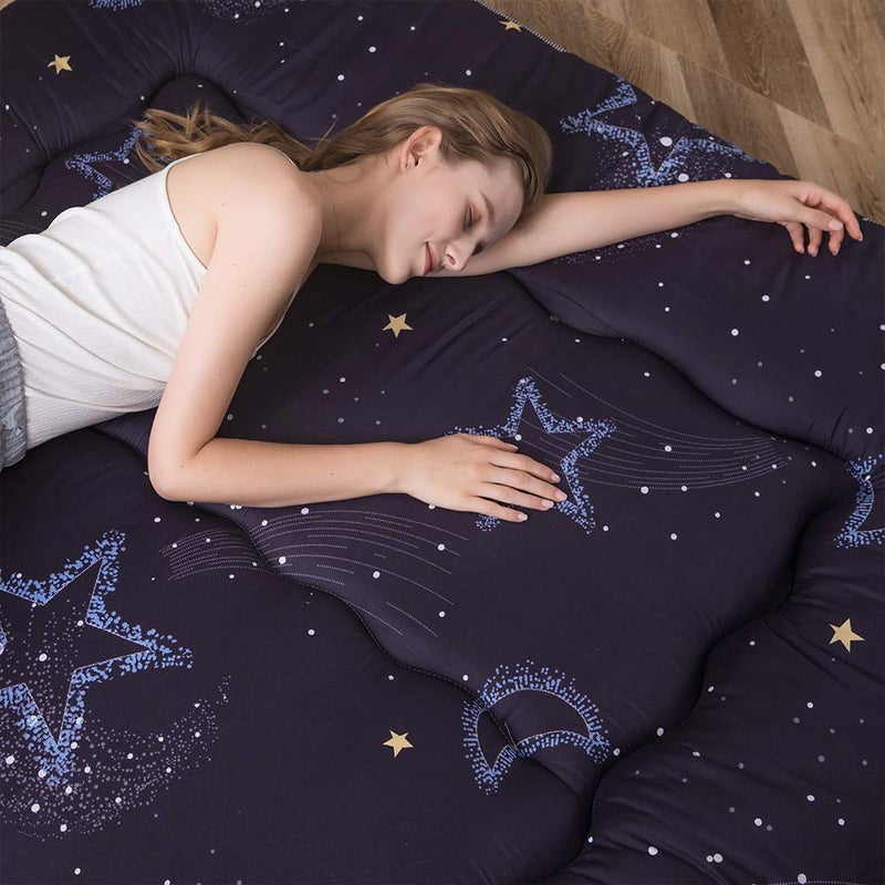 MAXYOYO Japanese Futon Mattress Floor Mattress Sleeping Pad Foldable Bed Roll Up Camping Cushion Floor Lounger Bed Couches and Sofas Couch Topper, Moon and Star, Queen Size - Image 3